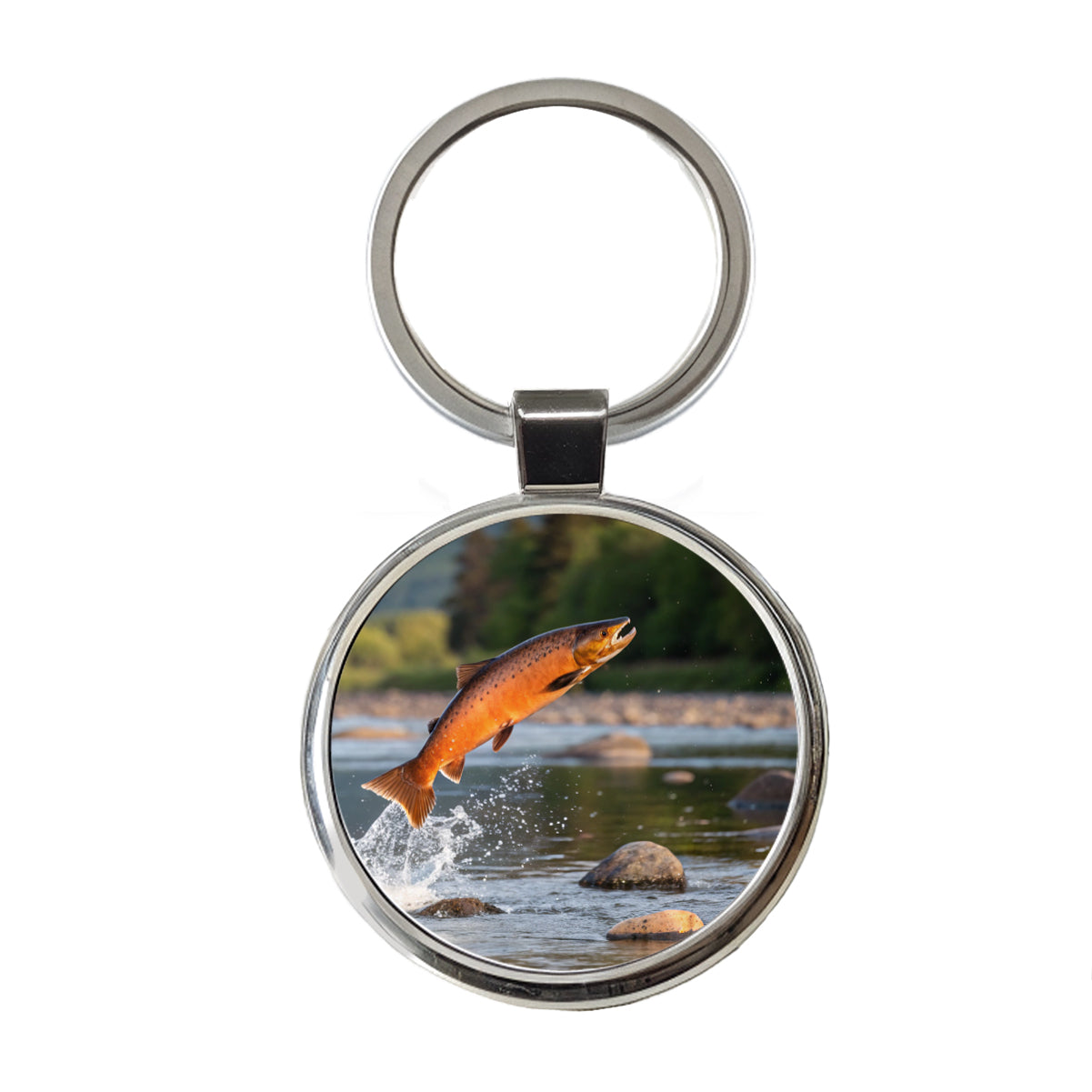 Salmon Fish Jumping River Fishing Round Metal Keychain
