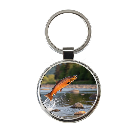 Salmon Fish Jumping River Fishing Round Metal Keychain