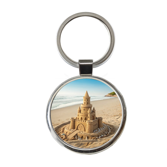 Sandcastle On Beach Cute Round Metal Keychain