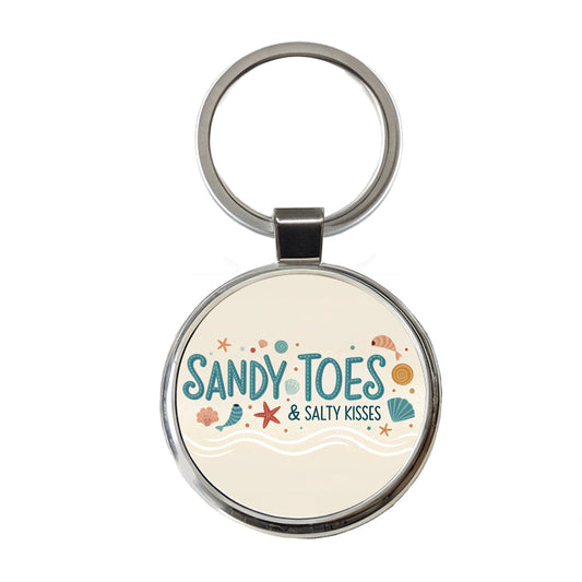 Sandy Toes Salty Kisses Ocean Beach Shells Round Metal Keychain