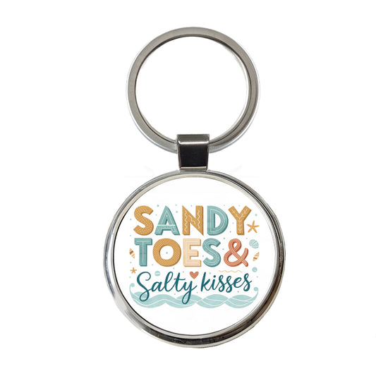 Sandy Toes Salty Kisses Ocean Beach Round Metal Keychain