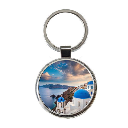 Santorini Greece Travel Beautiful Round Metal Keychain