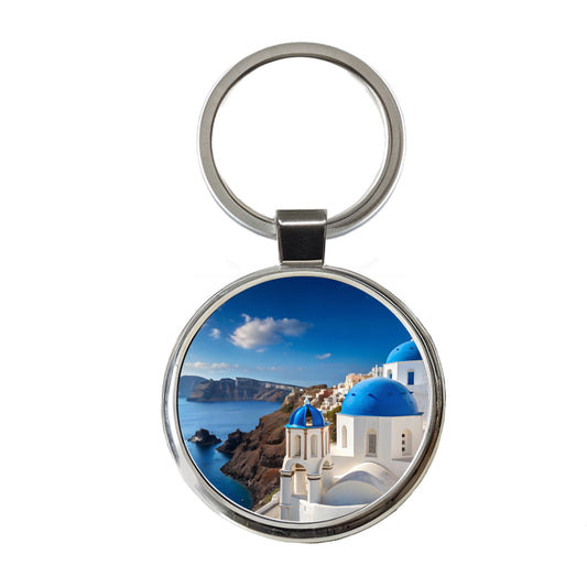 Santorini Greece Travel Stunning Round Metal Keychain