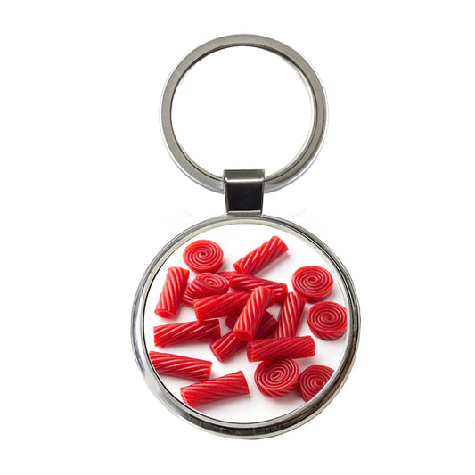 Scattered Red Licorice Round Metal Keychain