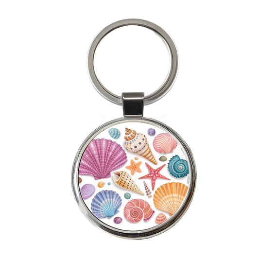Seashell Collage Colorful Round Metal Keychain