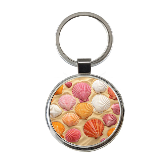 Seashells On Sandy Beach Background Round Metal Keychain