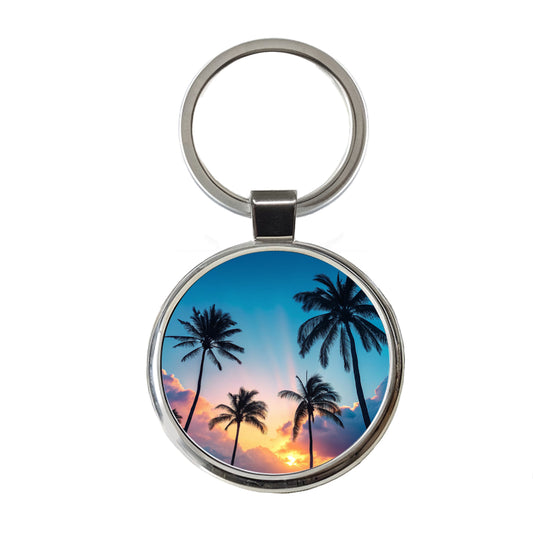 Silhouetted Palm Trees Beautiful Sky Round Metal Keychain