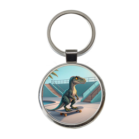 Skateboarding Raptor Dinosaur Funny Round Metal Keychain
