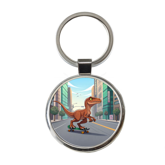 Skateboarding Raptor Dinosaur Round Metal Keychain