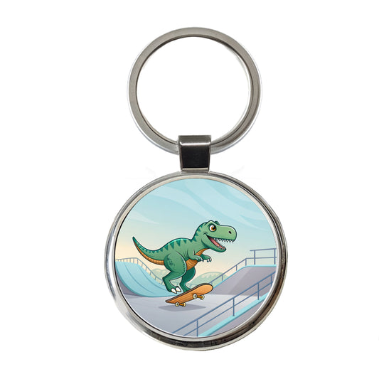Skateboarding Tyrannosaurus Rex Dinosaur Cute Round Metal Keychain