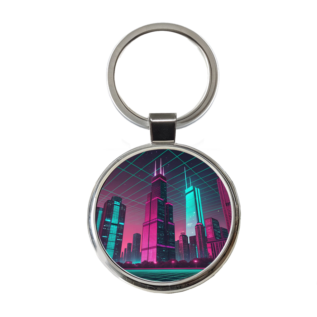 Skyscrapers Buildings Lit Pink Teal Round Metal Keychain