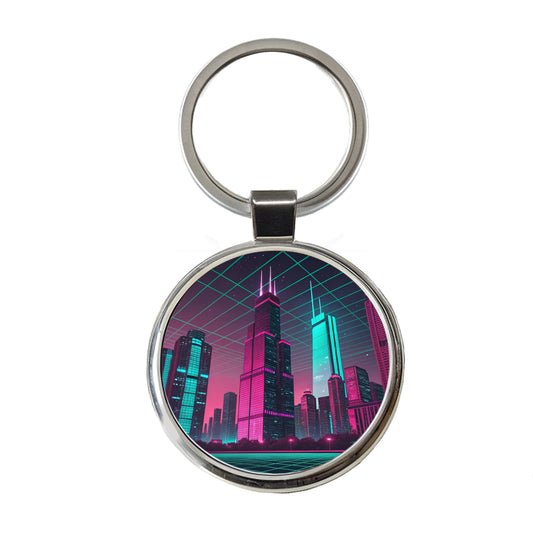 Skyscrapers Buildings Lit Pink Teal Round Metal Keychain