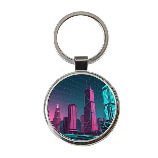 Skyscrapers Lit Pink Teal Glitch Effects Round Metal Keychain