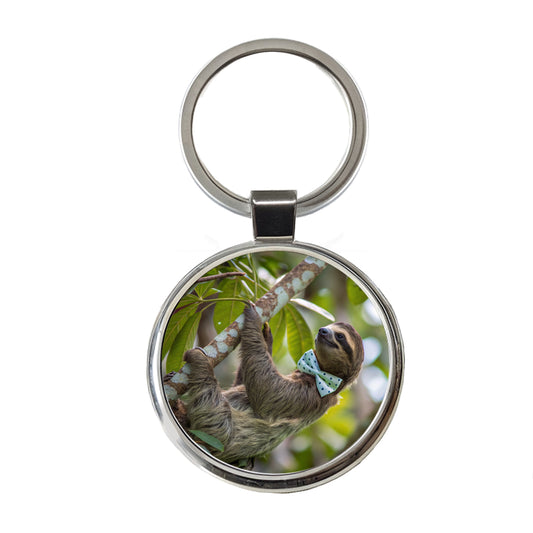 Sloth Wearing Bow Tie Funny Round Metal Keychain