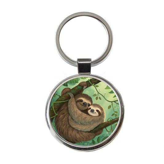 Sloths Hugging Love Round Metal Keychain