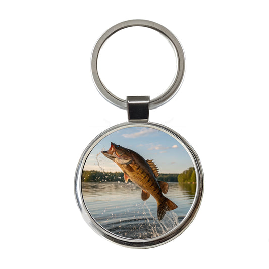 Smallmouth Bass Fish Jumping River Fishing Round Metal Keychain