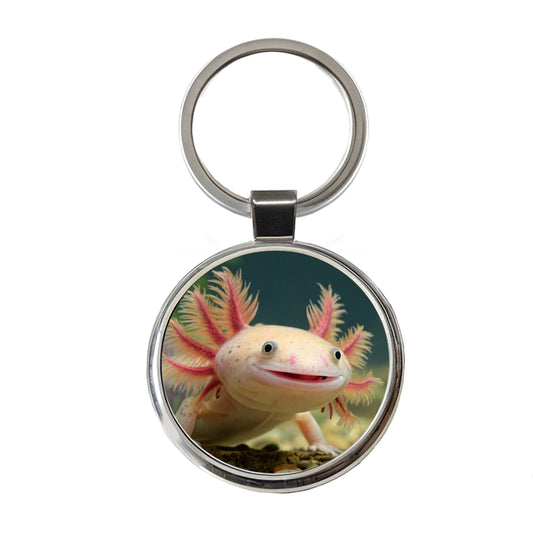 Smiling Axolotl Adorable Round Metal Keychain