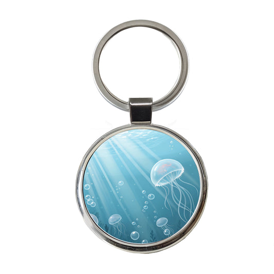 Soft Blue Tones Floating Jellyfish Bubbles Ocean Round Metal Keychain