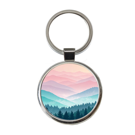 Soft Gradient Pastels Hills Trees Round Metal Keychain