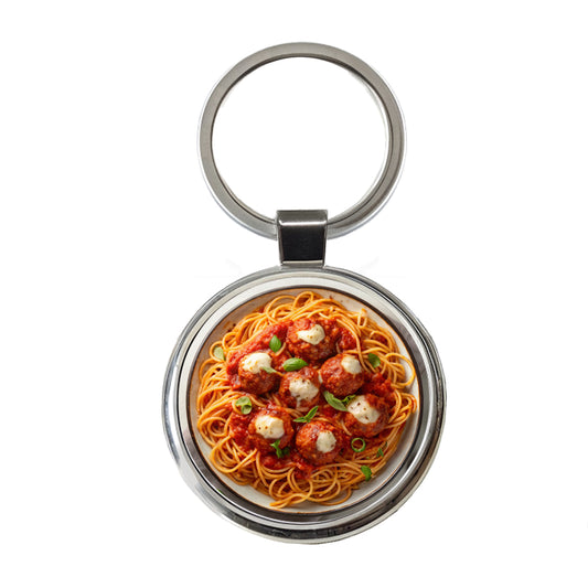 Spaghetti And Meatballs Top Down View Pasta Round Metal Keychain