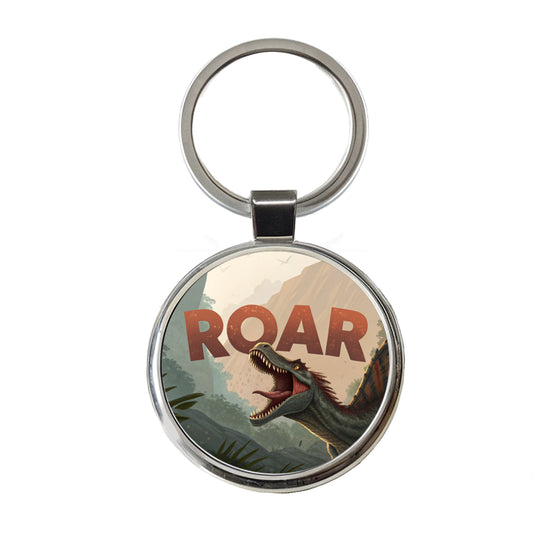 Spinosaurus Roar Bold Text Dinosaur Round Metal Keychain