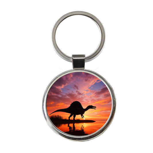 Spinosaurus Sunset Dinosaur Round Metal Keychain