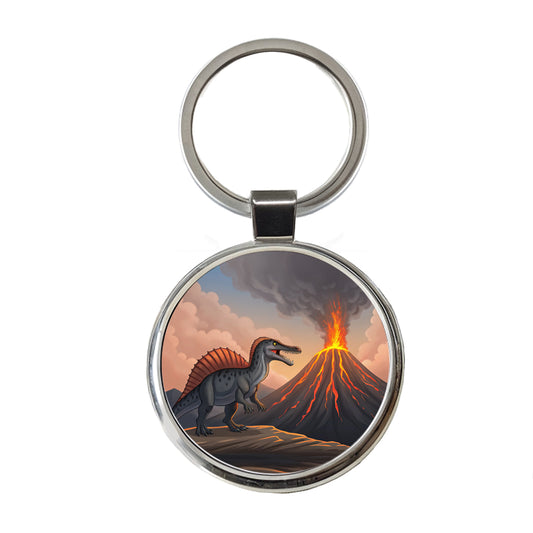 Spinosaurus Volcano Erupting Dinosaur Round Metal Keychain