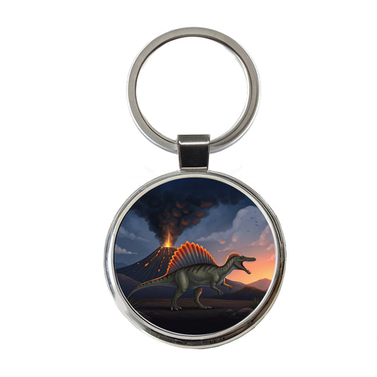 Spinosaurus Volcano Lava Dinosaur Round Metal Keychain