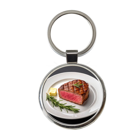 Steak Dinner On Plate Round Metal Keychain