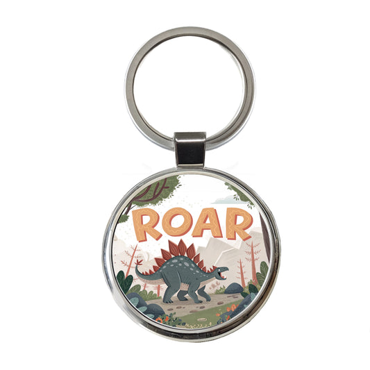 Stegosaurus With Roar Bold Text Dinosaur Round Metal Keychain
