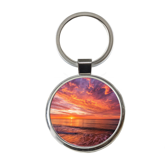 Sunrise Sunset Over The Ocean Round Metal Keychain