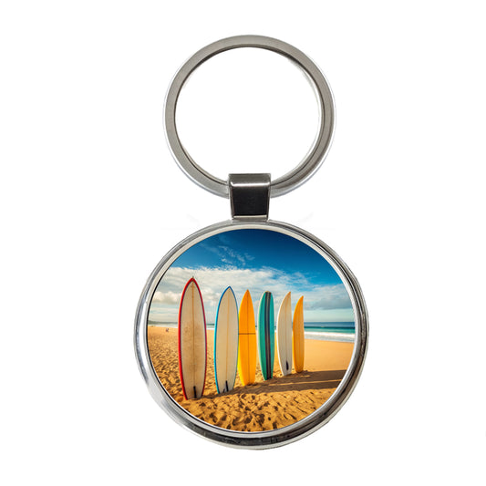Surfboard Lineup On Beach Round Metal Keychain