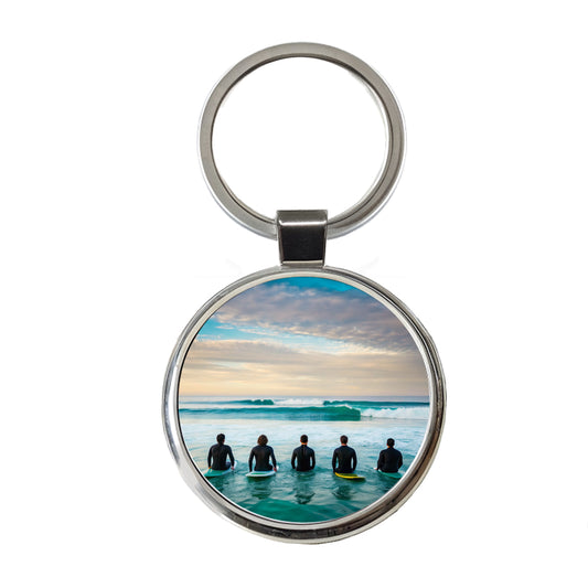 Surfing Surfers Surfboards Lineup Ocean Round Metal Keychain