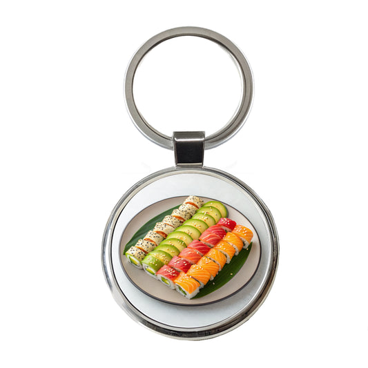Sushi Rolls Plate Round Metal Keychain