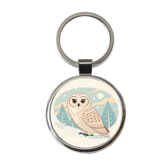 Sweet Snowy Owl Winter Round Metal Keychain