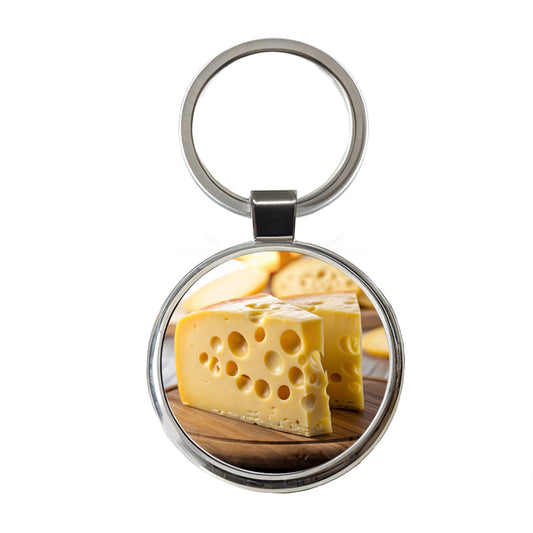 Swiss Cheese on Cutting Board Round Metal Keychain