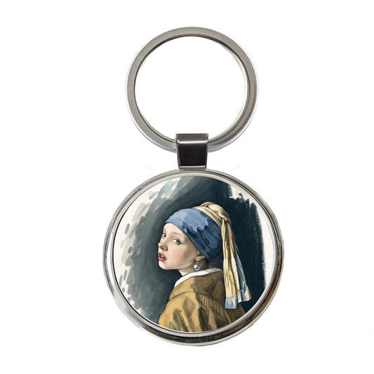 The Girl With A Pearl Earring By Johannes Vermeer Inspired Round Metal Keychain