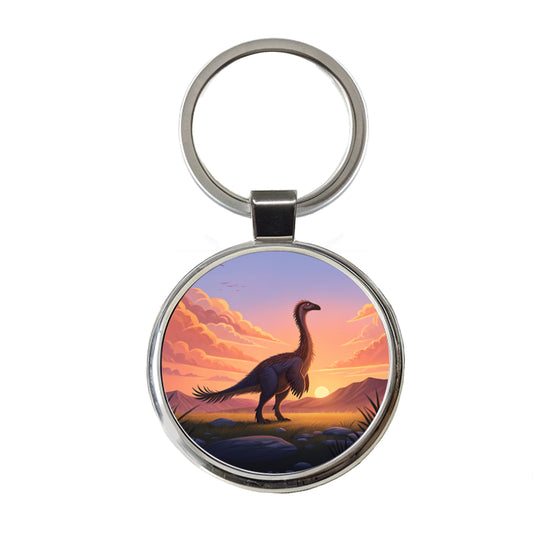 Therizinosaurus Sunset Sunrise Dinosaur Round Metal Keychain