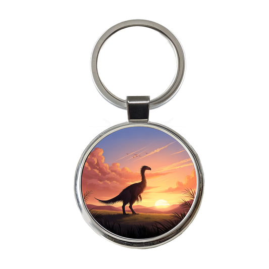 Therizinosaurus Sunset Round Metal Keychain