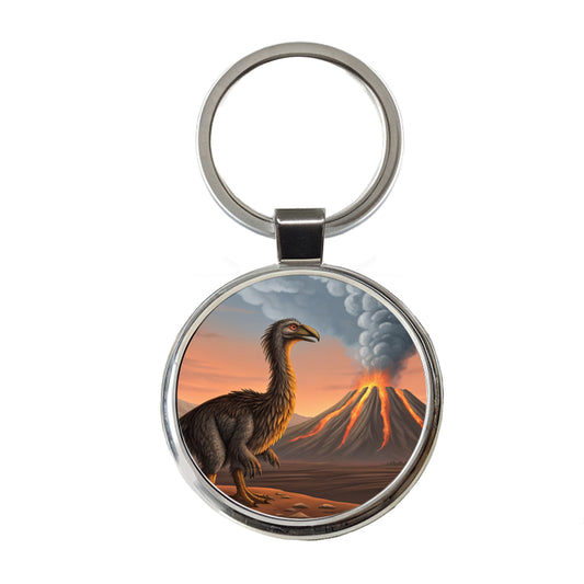 Therizinosaurus Volcano Erupting Dinosaur Round Metal Keychain