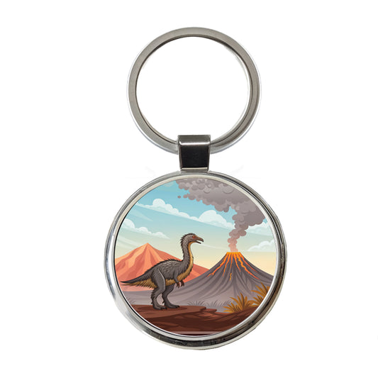Therizinosaurus Volcano Round Metal Keychain