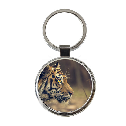 Tiger Eye Face Side View Round Metal Keychain