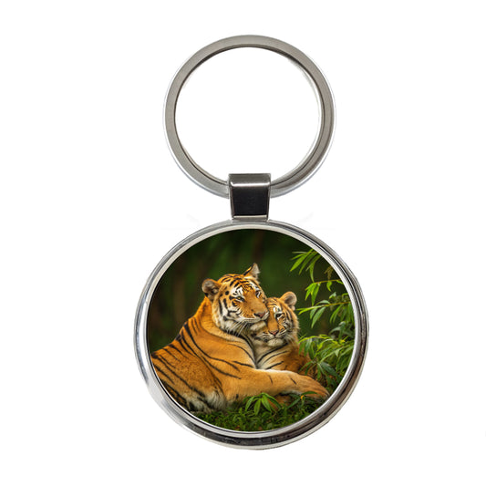 Tigers Hugging Love Round Metal Keychain