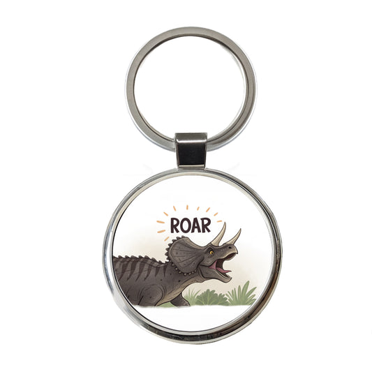 Triceratops Roar Dinosaur Round Metal Keychain