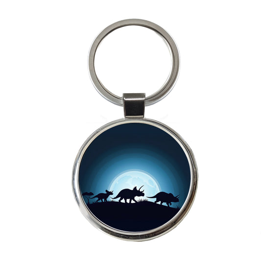 Triceratops Silhouettes Dinosaur Round Metal Keychain