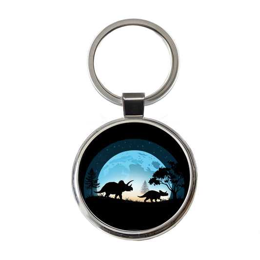 Triceratops Silhouettes Night Dinosaurs Round Metal Keychain