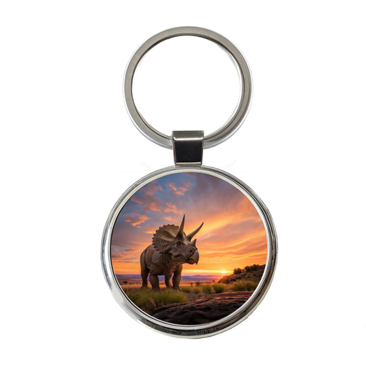 Triceratops Sunset Dinosaur Round Metal Keychain