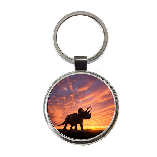 Triceratops Sunset Sunrise Dinosaur Round Metal Keychain