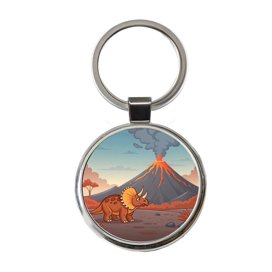 Triceratops Volcano Dinosaur Round Metal Keychain