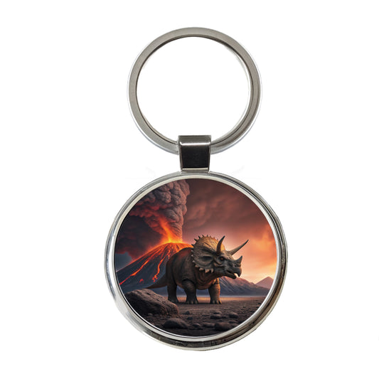 Triceratops Volcano Erupting Dinosaur Round Metal Keychain